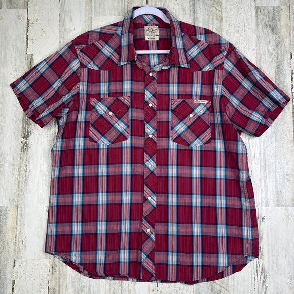Lucky Brand Western Pearl Snap Button Front Camp Shirt Plaid Short Sleeve Men XL - Picture 1 of 13